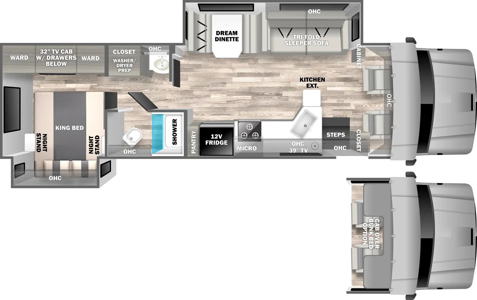 The 34SS has two slideouts and one entry. Interior layout front to back: front cockpit with overhead cabinets, off-door side cabinet and door side closet (optional cab-over bunk bed); off-door side slideout with tri-fold sleeper sofa with overhead cabinet, and dream dinette; door side entry steps, kitchen counter with extension, sink, overhead cabinet with TV, cooktop, microwave, 12V refrigerator, and pantry; door side room with toilet, shower and overhead cabinet, and off-door side vanity with overhead cabinet and closet with washer/dryer prep; rear bedroom with door side king bed slideout with overhead cabinet and night stands on each side, and off-door side TV cabinet with drawers below and wardrobes on each side. 